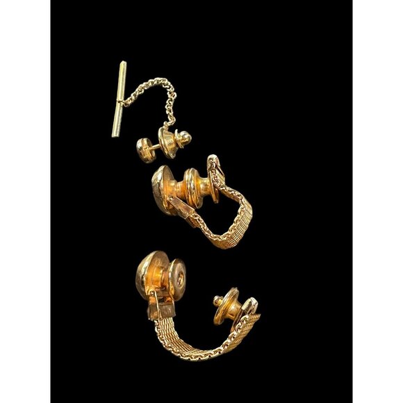 Vintage Oval Gold Tone Cufflinks Clasps and Tie Pin with Imitation Diamond Inlay - Picture 2 of 5